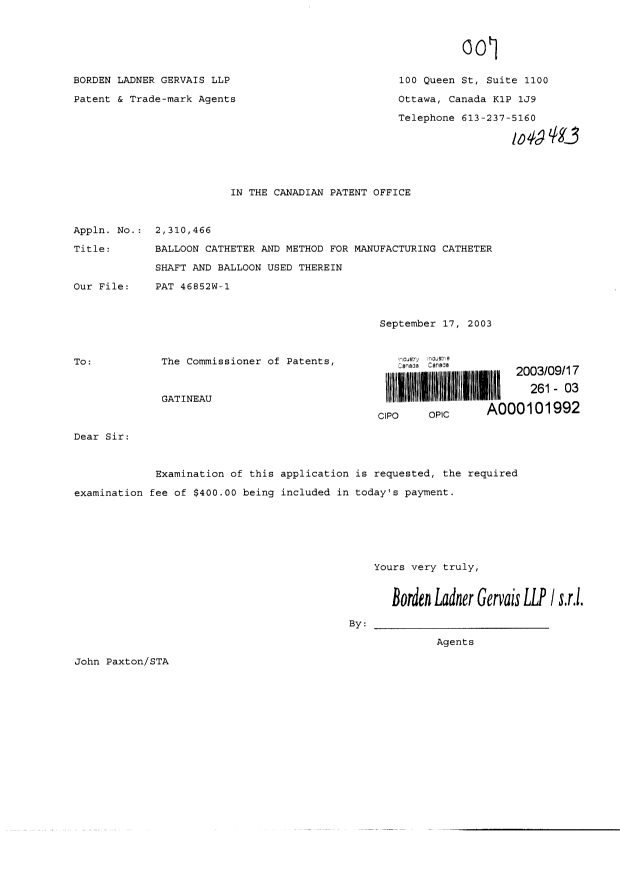 Canadian Patent Document 2310466. Prosecution-Amendment 20030917. Image 1 of 1