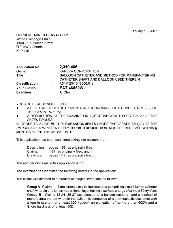 Canadian Patent Document 2310466. Prosecution-Amendment 20061218. Image 1 of 3