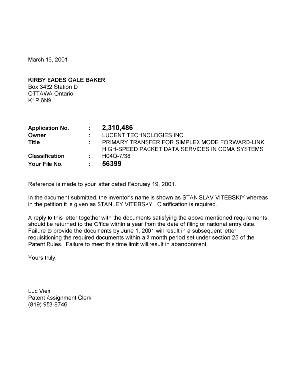 Document de brevet canadien 2310486. Correspondance 20010316. Image 1 de 1