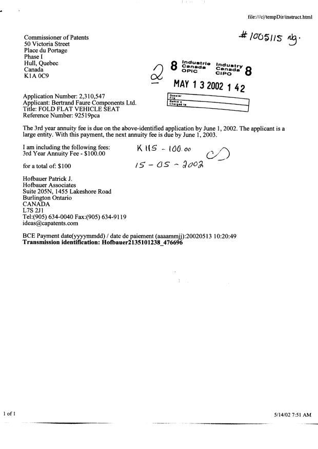 Document de brevet canadien 2310547. Taxes 20020513. Image 1 de 1