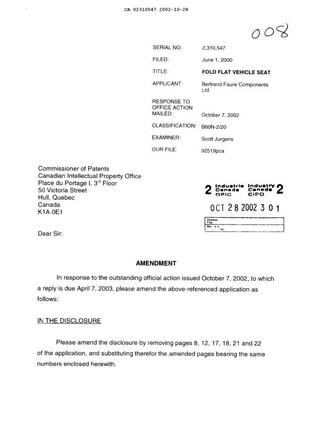 Document de brevet canadien 2310547. Poursuite-Amendment 20021028. Image 1 de 12