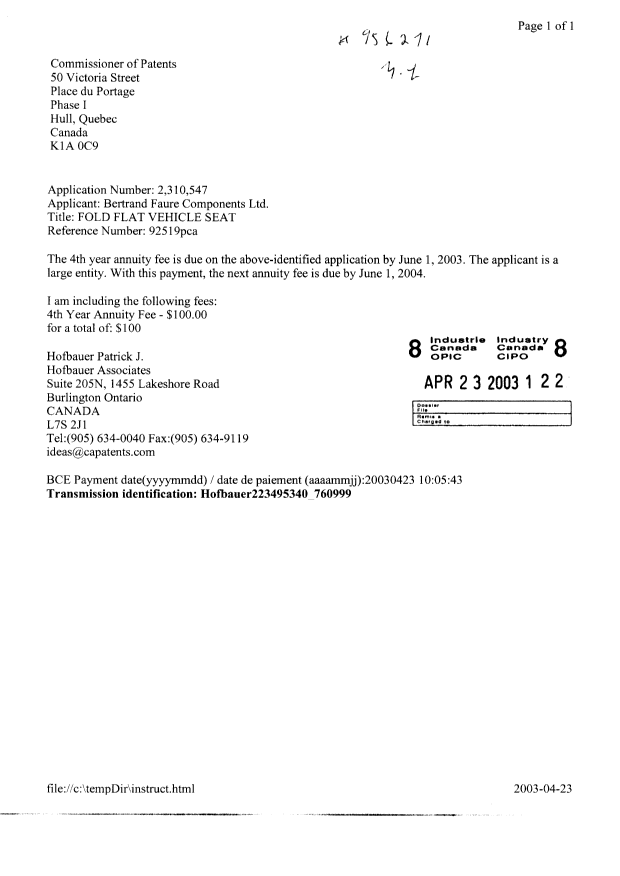 Document de brevet canadien 2310547. Taxes 20030423. Image 1 de 1
