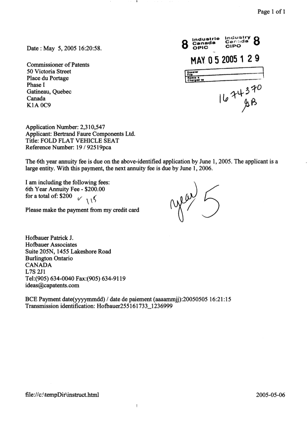 Document de brevet canadien 2310547. Taxes 20050505. Image 1 de 1