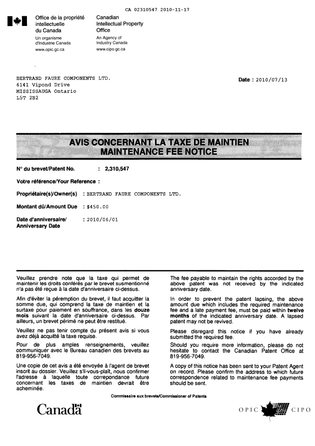 Document de brevet canadien 2310547. Correspondance 20101117. Image 1 de 2