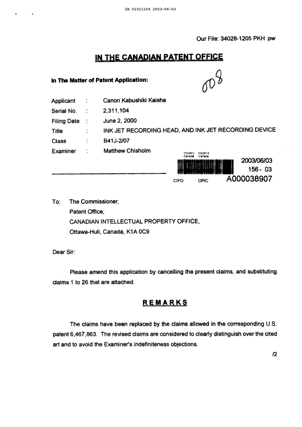 Canadian Patent Document 2311104. Prosecution-Amendment 20030603. Image 1 of 8
