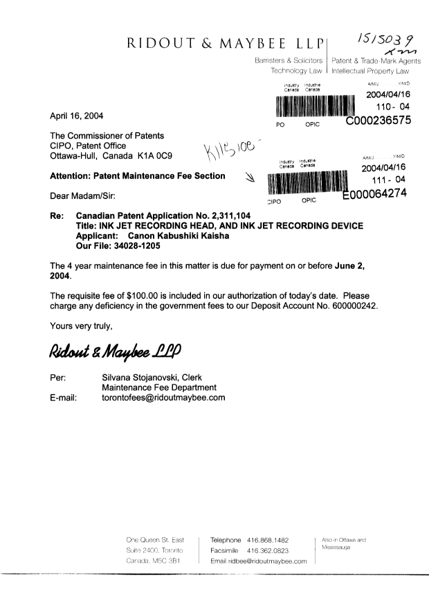Canadian Patent Document 2311104. Fees 20040416. Image 1 of 1