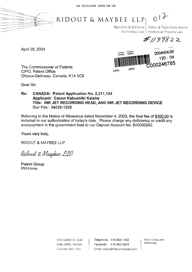 Canadian Patent Document 2311104. Correspondence 20040428. Image 1 of 1