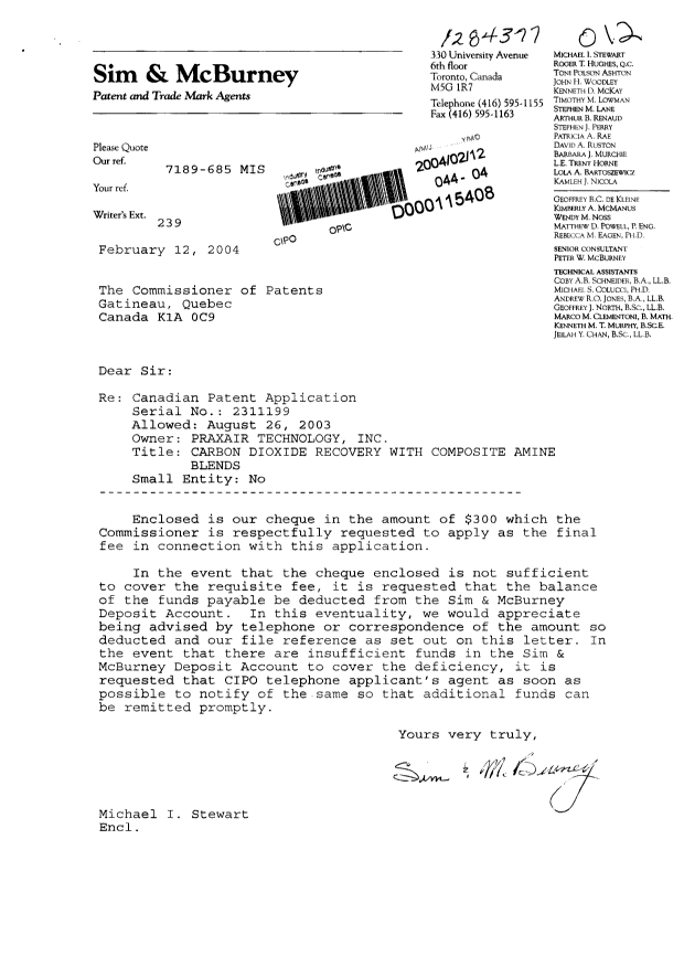 Document de brevet canadien 2311199. Correspondance 20040212. Image 1 de 1