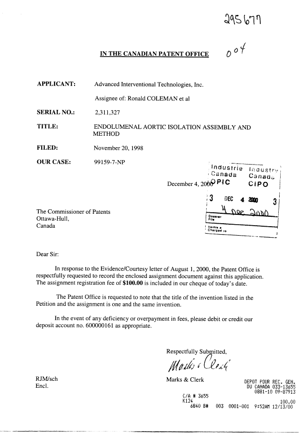 Document de brevet canadien 2311327. Cession 20001204. Image 1 de 4