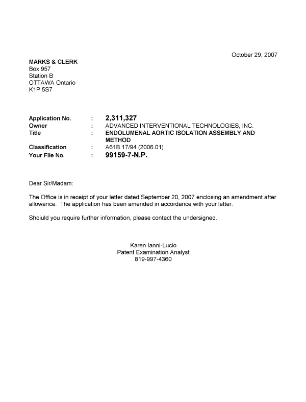 Document de brevet canadien 2311327. Poursuite-Amendment 20071029. Image 1 de 1