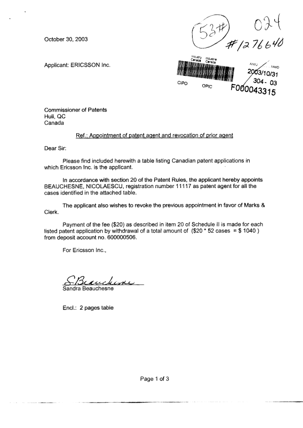 Document de brevet canadien 2311335. Correspondance 20031031. Image 1 de 3