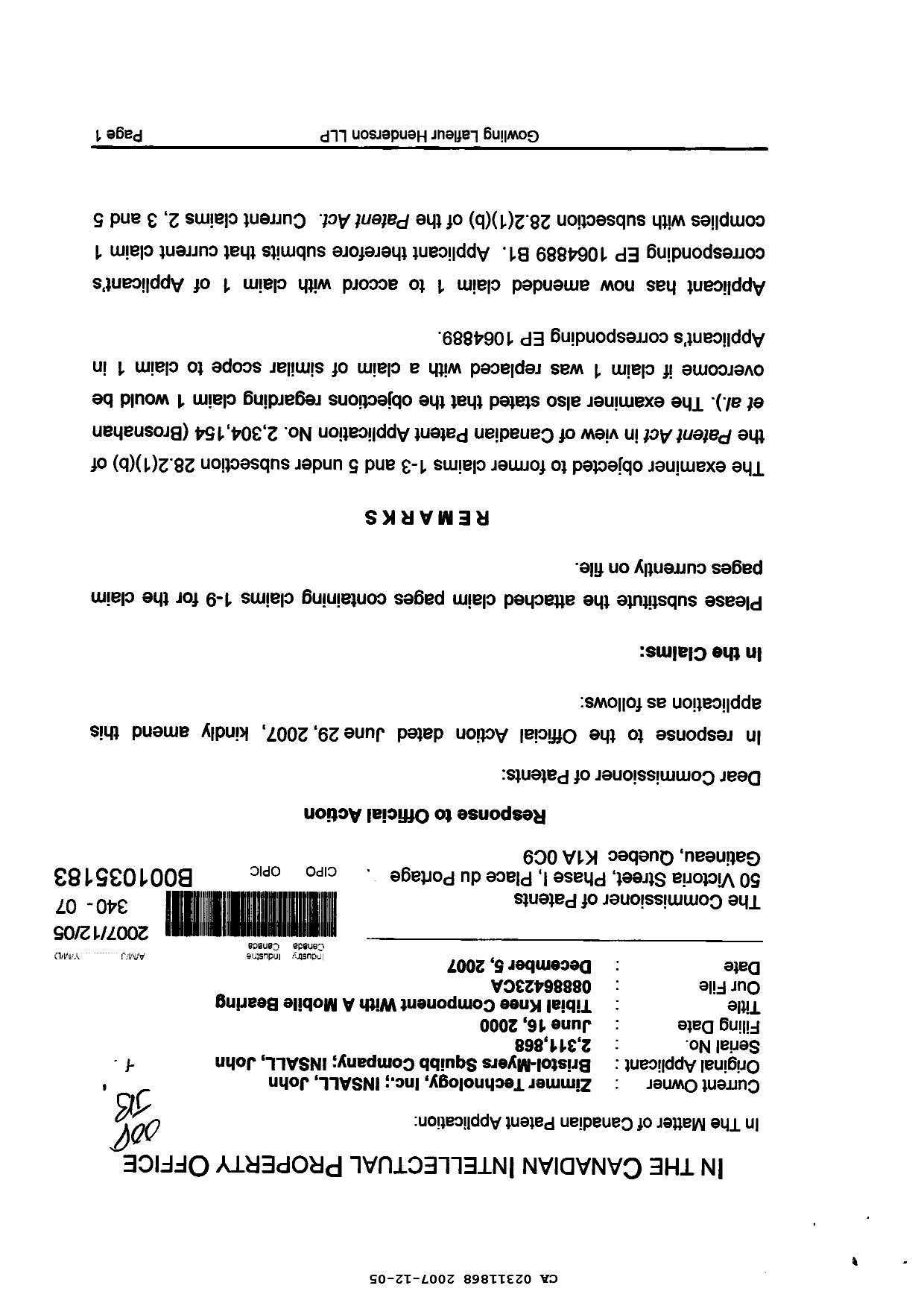 Canadian Patent Document 2311868. Prosecution-Amendment 20061205. Image 1 of 4