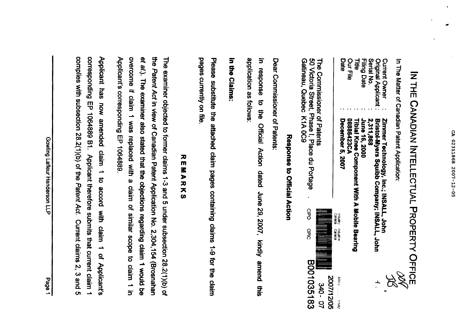 Document de brevet canadien 2311868. Poursuite-Amendment 20061205. Image 1 de 4