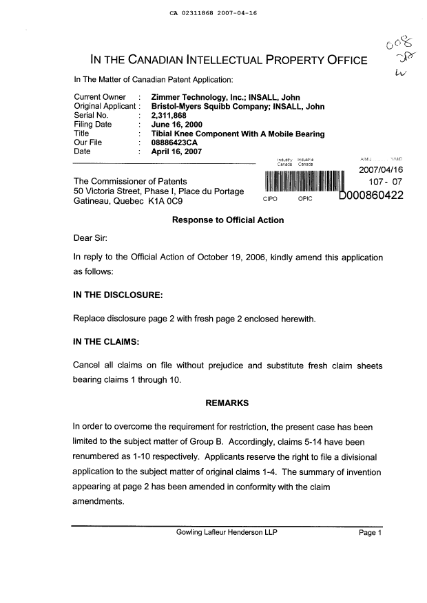 Document de brevet canadien 2311868. Poursuite-Amendment 20061216. Image 1 de 5
