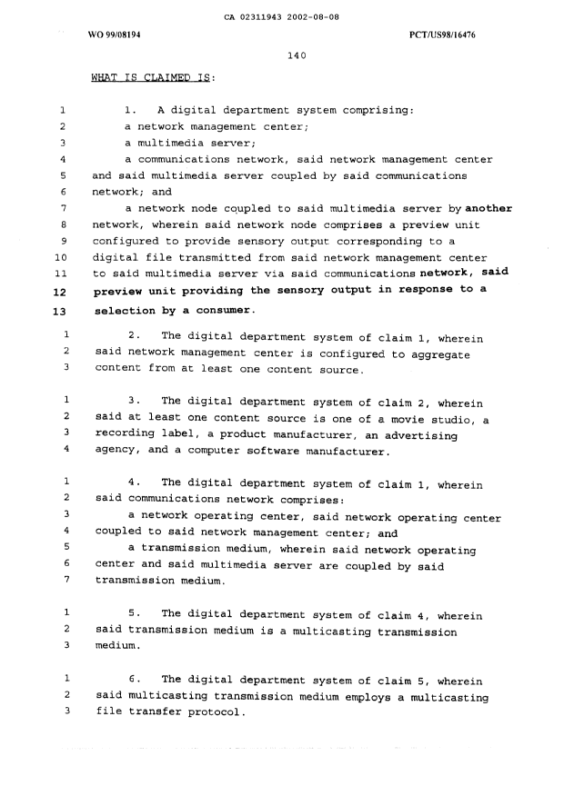 Document de brevet canadien 2311943. Revendications 20011208. Image 1 de 4