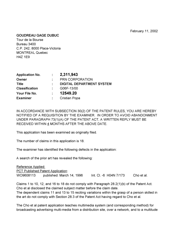 Canadian Patent Document 2311943. Prosecution-Amendment 20011211. Image 1 of 3