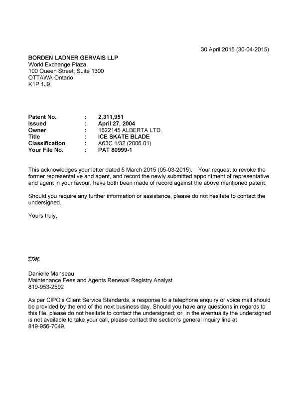 Canadian Patent Document 2311951. Correspondence 20141230. Image 1 of 1