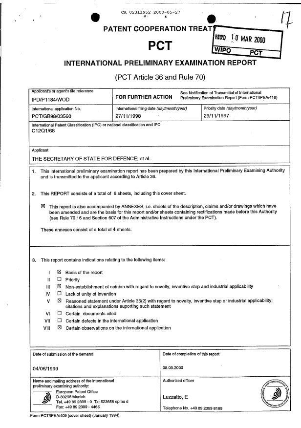 Document de brevet canadien 2311952. PCT 20000527. Image 1 de 10