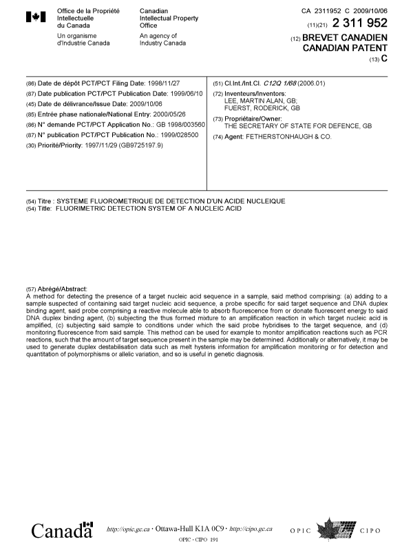 Document de brevet canadien 2311952. Page couverture 20090908. Image 1 de 1