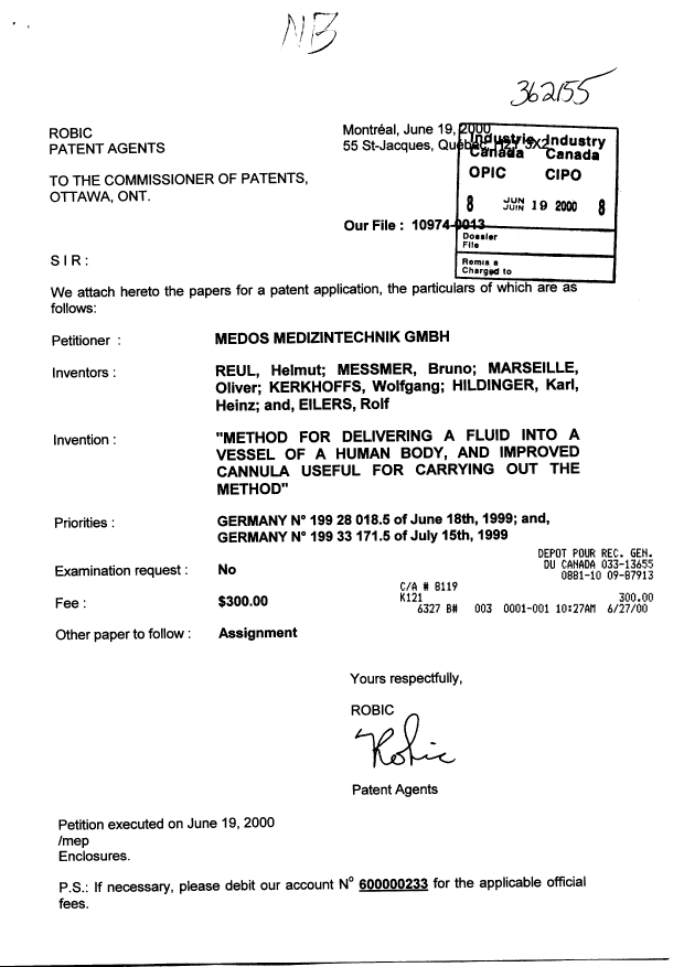 Document de brevet canadien 2311977. Cession 20000619. Image 1 de 3