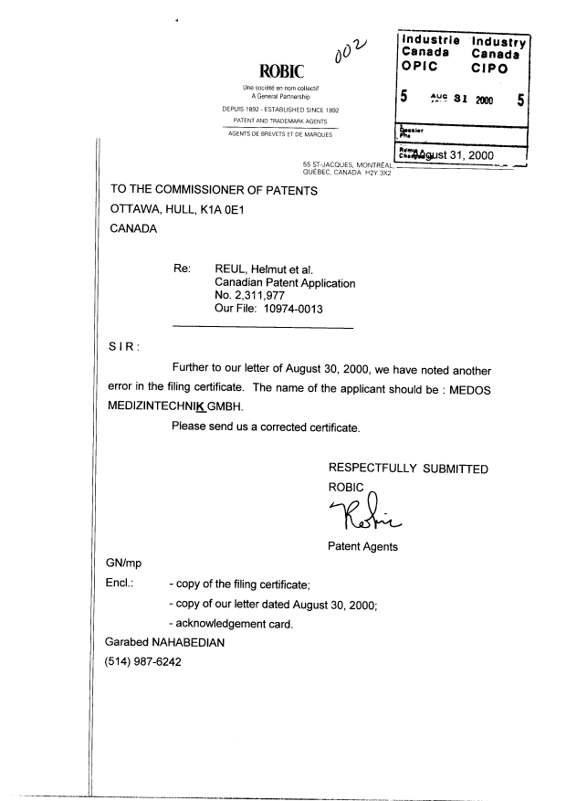 Document de brevet canadien 2311977. Correspondance 20000831. Image 1 de 1