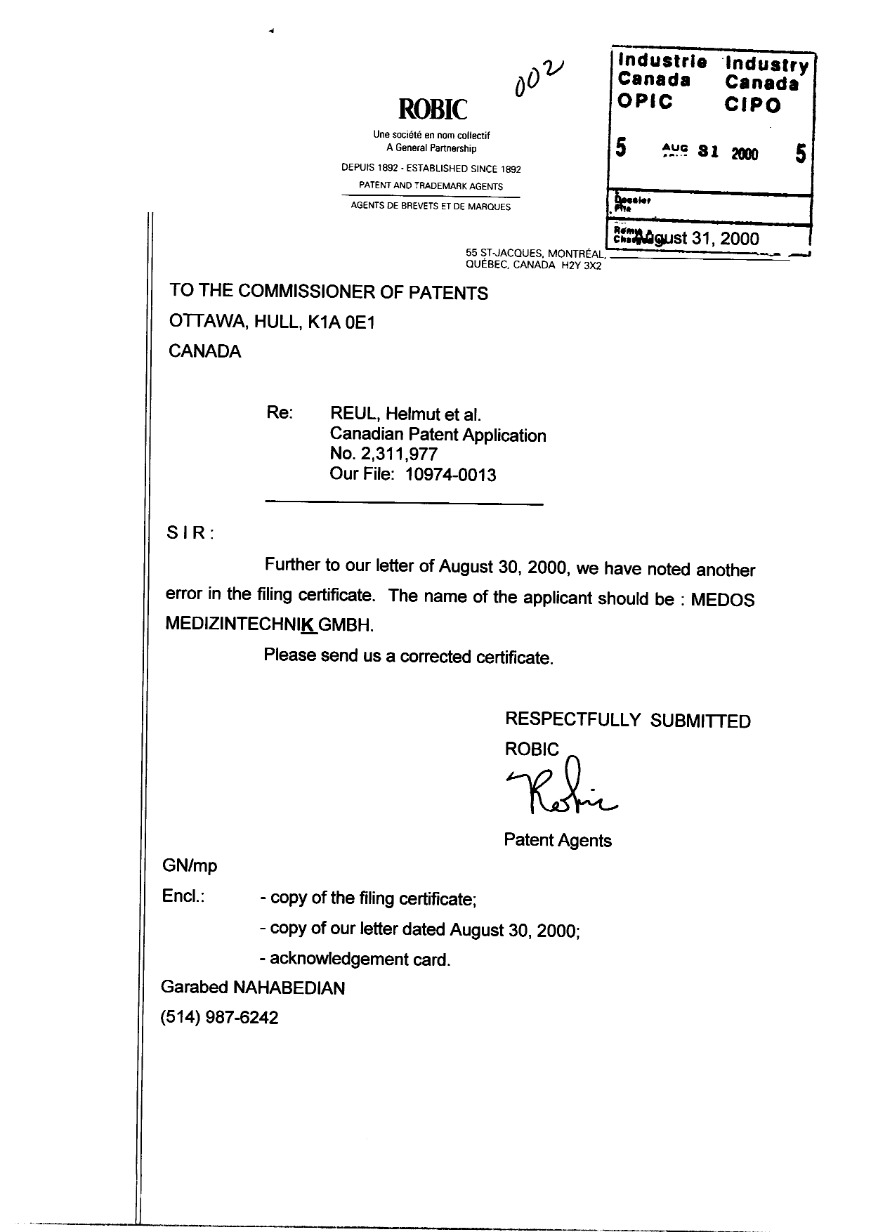 Canadian Patent Document 2311977. Correspondence 20000831. Image 1 of 1