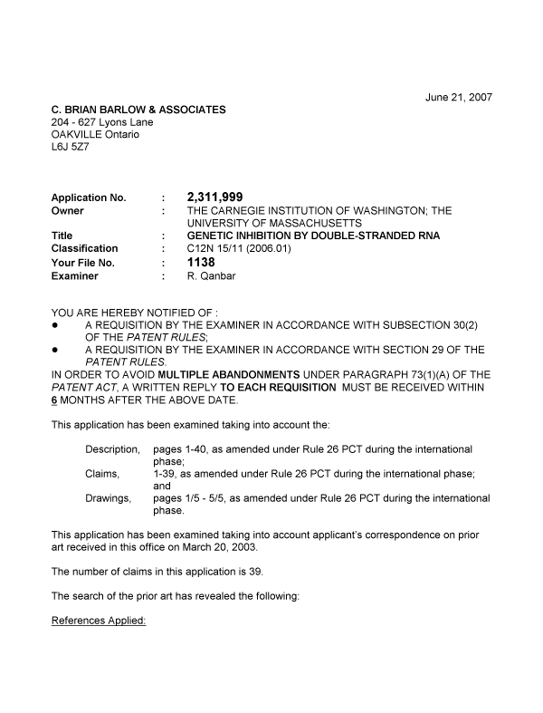 Document de brevet canadien 2311999. Poursuite-Amendment 20070621. Image 1 de 3