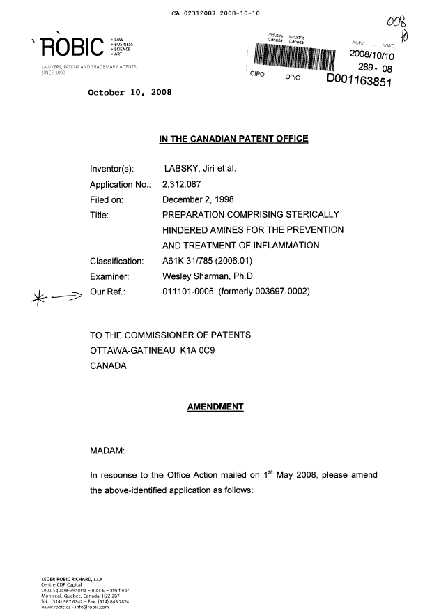 Canadian Patent Document 2312087. Prosecution-Amendment 20081010. Image 1 of 50