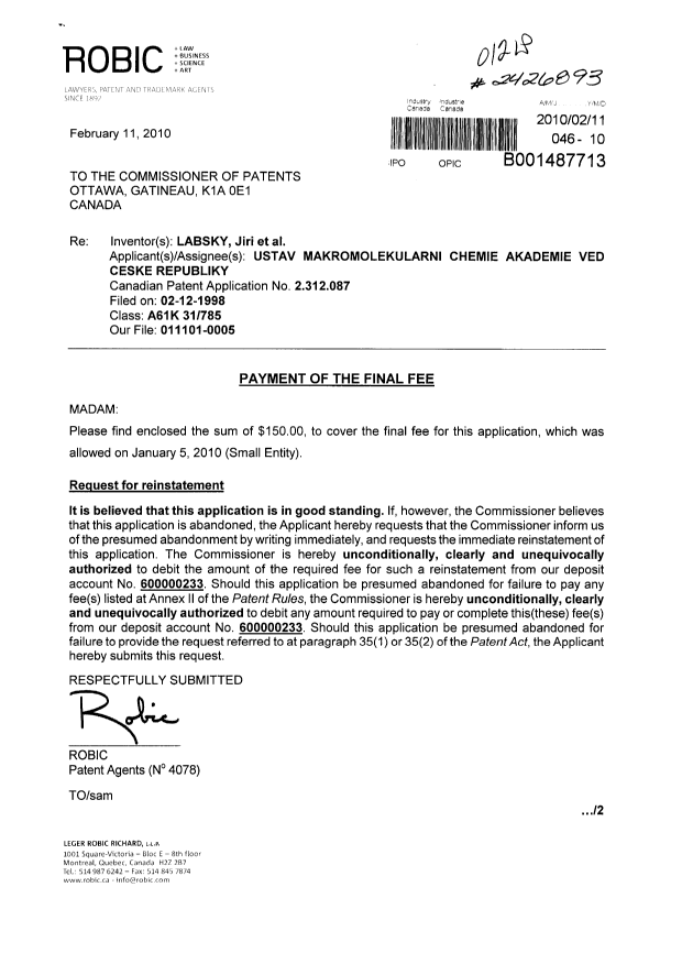 Document de brevet canadien 2312087. Correspondance 20100211. Image 1 de 2