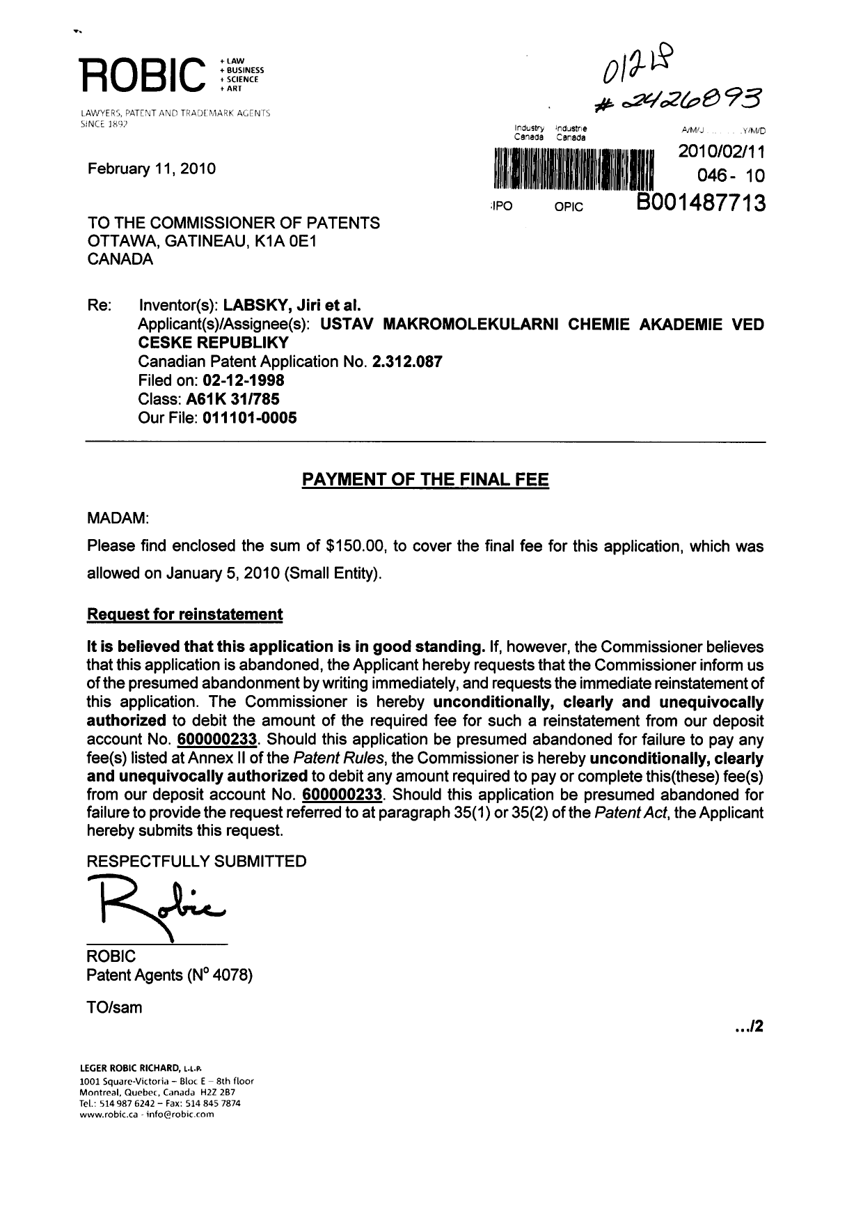 Canadian Patent Document 2312087. Correspondence 20100211. Image 1 of 2