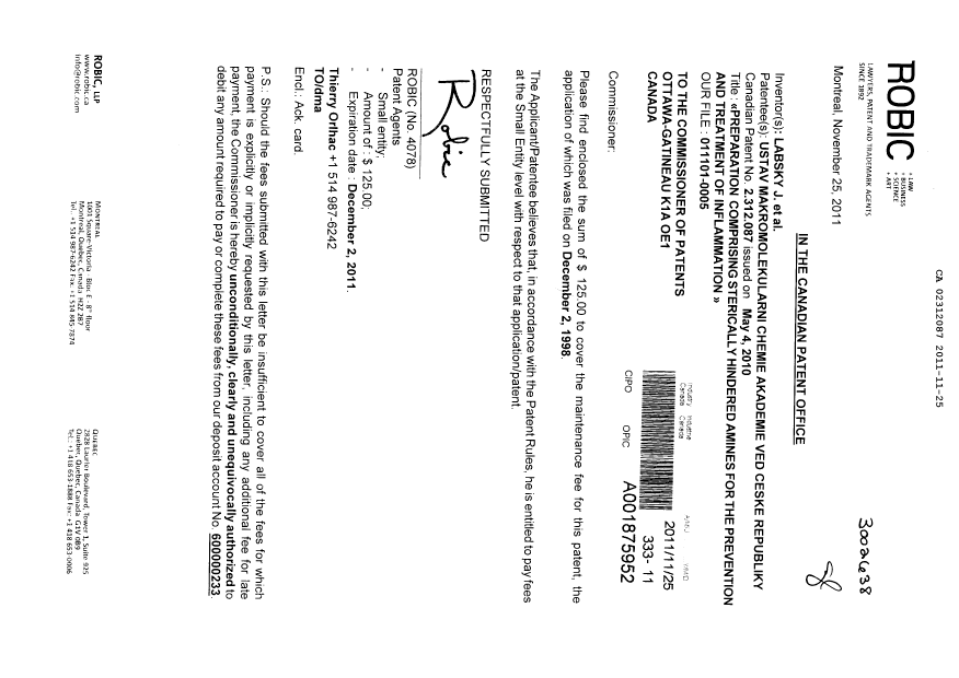 Canadian Patent Document 2312087. Fees 20111125. Image 1 of 1