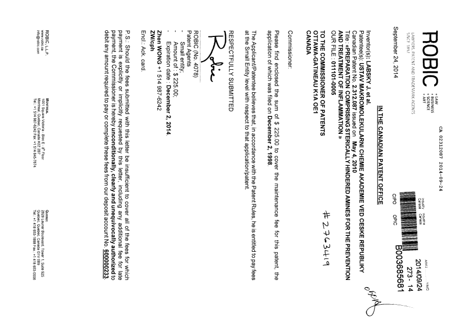 Canadian Patent Document 2312087. Fees 20140924. Image 1 of 1