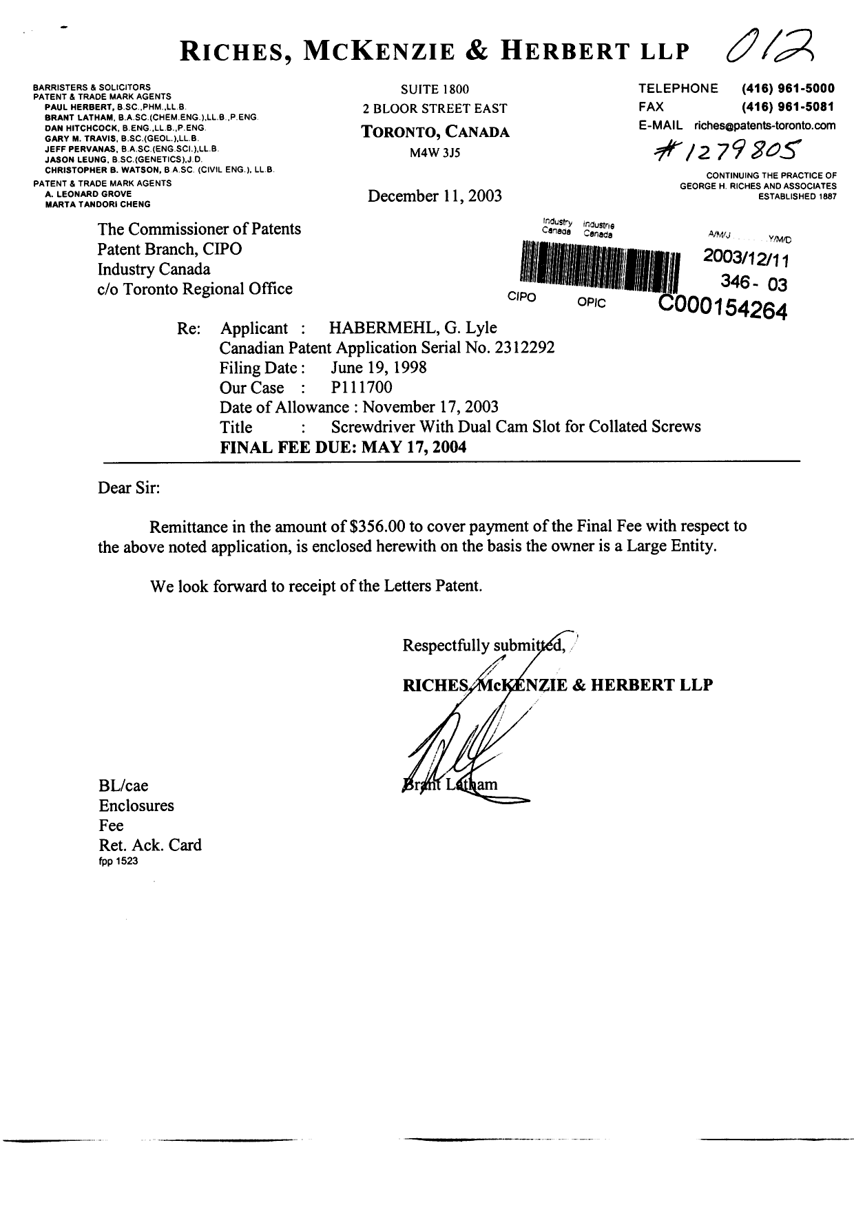 Document de brevet canadien 2312292. Correspondance 20021211. Image 1 de 1