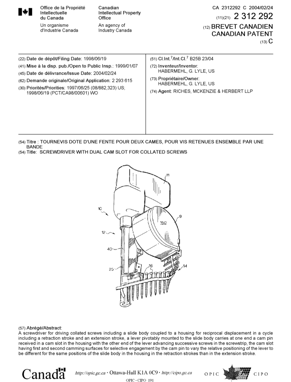 Canadian Patent Document 2312292. Cover Page 20040123. Image 1 of 1