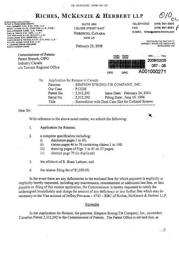 Canadian Patent Document 2312292. Prosecution-Amendment 20071225. Image 1 of 110