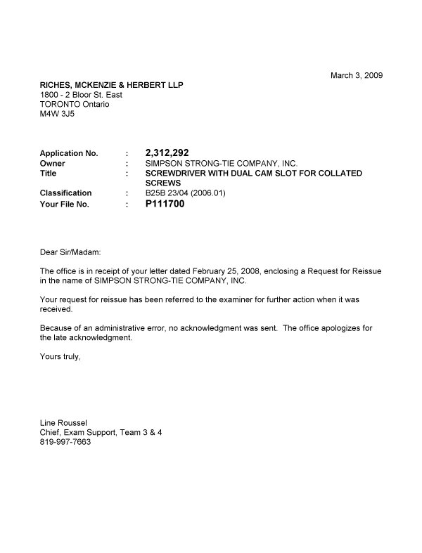 Canadian Patent Document 2312292. Correspondence 20081203. Image 1 of 1
