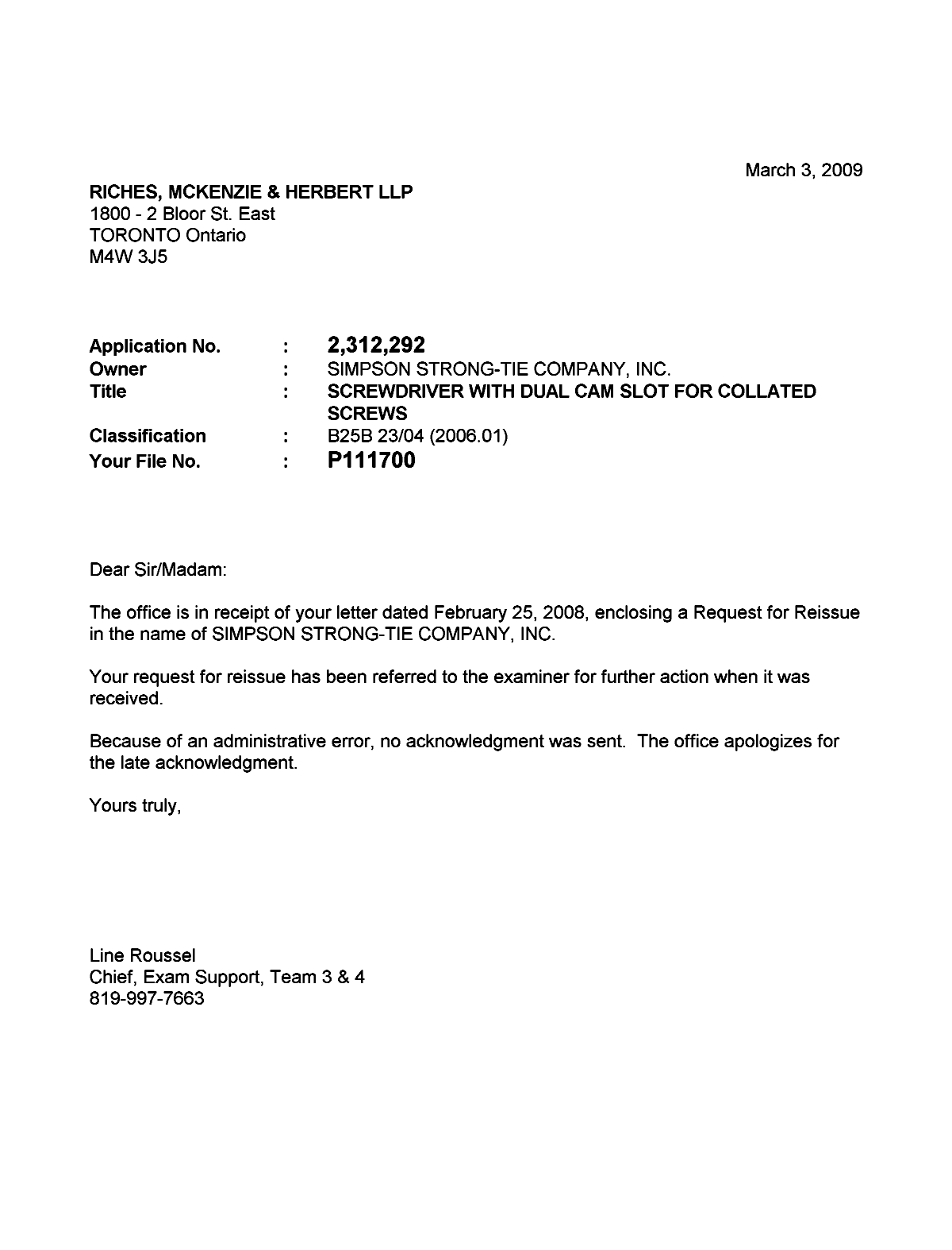 Canadian Patent Document 2312292. Correspondence 20081203. Image 1 of 1