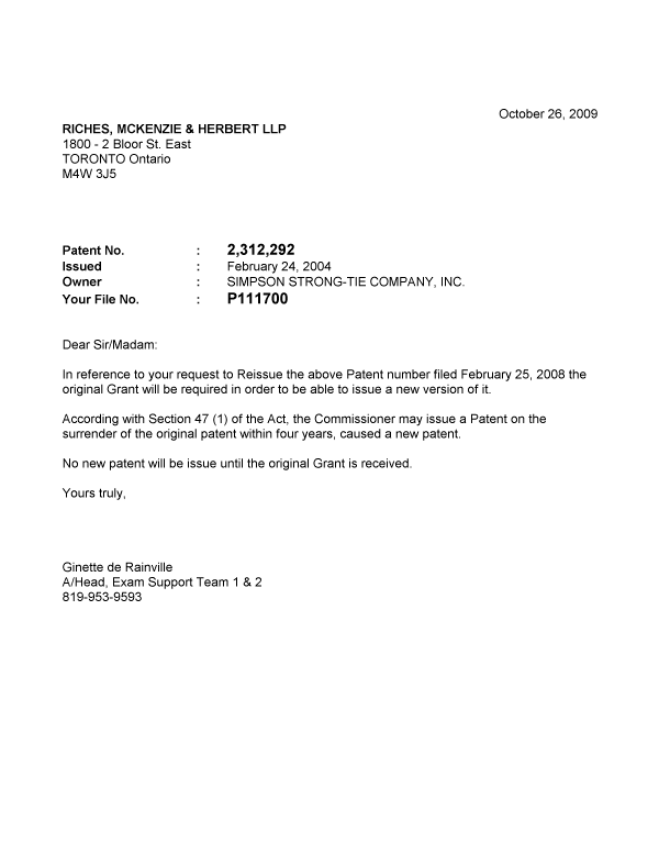 Canadian Patent Document 2312292. Correspondence 20081226. Image 1 of 1