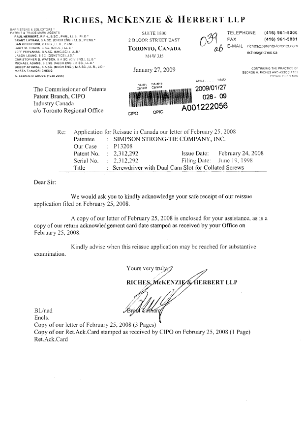 Canadian Patent Document 2312292. Correspondence 20081227. Image 1 of 5