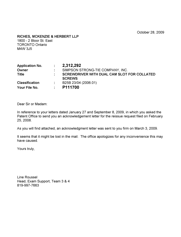 Canadian Patent Document 2312292. Correspondence 20081228. Image 1 of 1