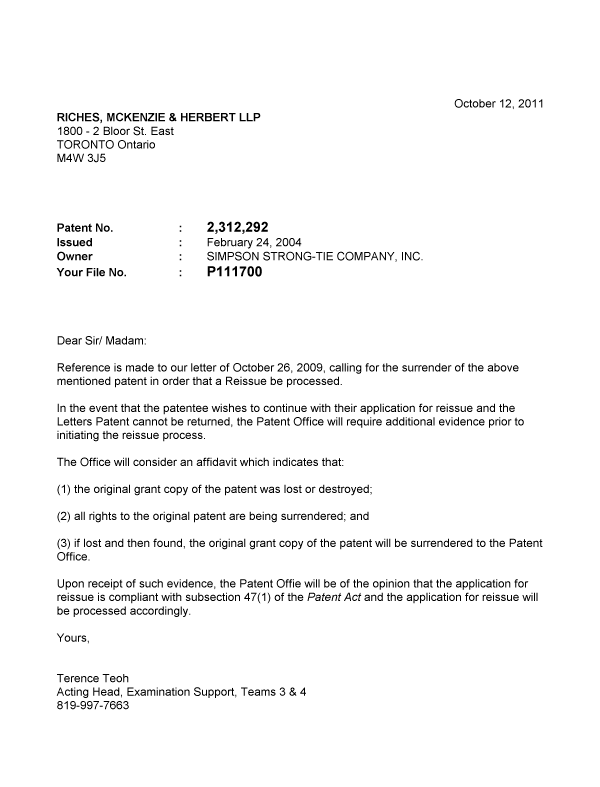 Canadian Patent Document 2312292. Correspondence 20101212. Image 1 of 1