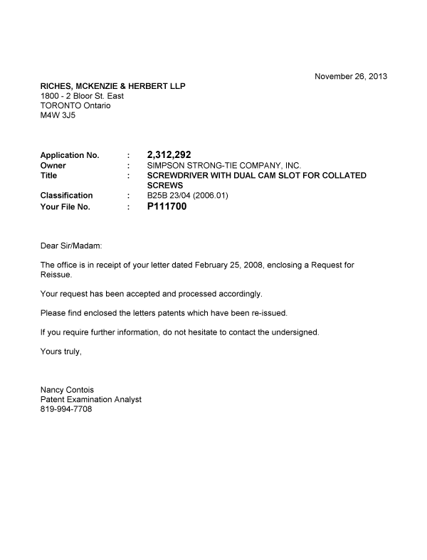 Canadian Patent Document 2312292. Correspondence 20121226. Image 1 of 1
