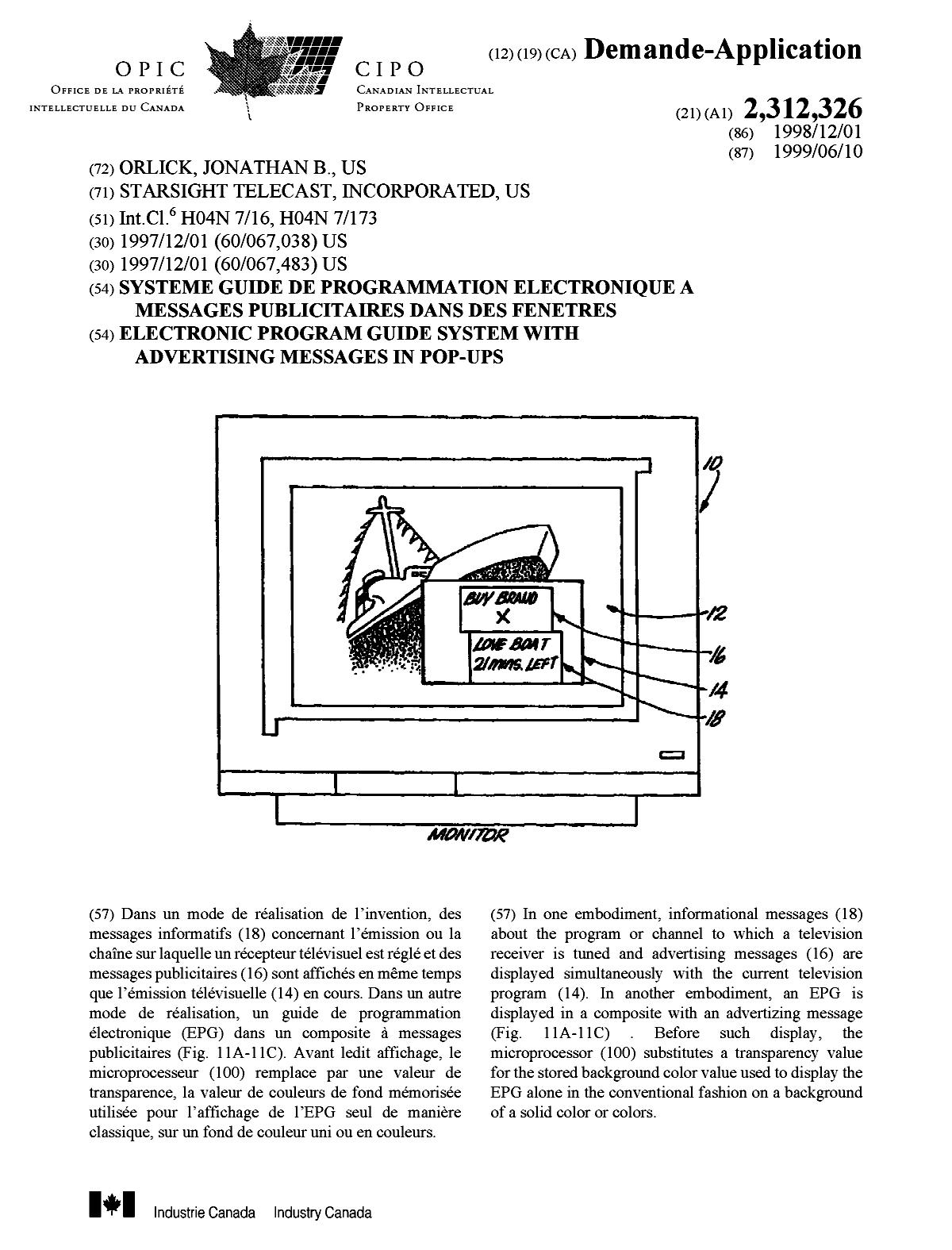 Canadian Patent Document 2312326. Cover Page 20000828. Image 1 of 1