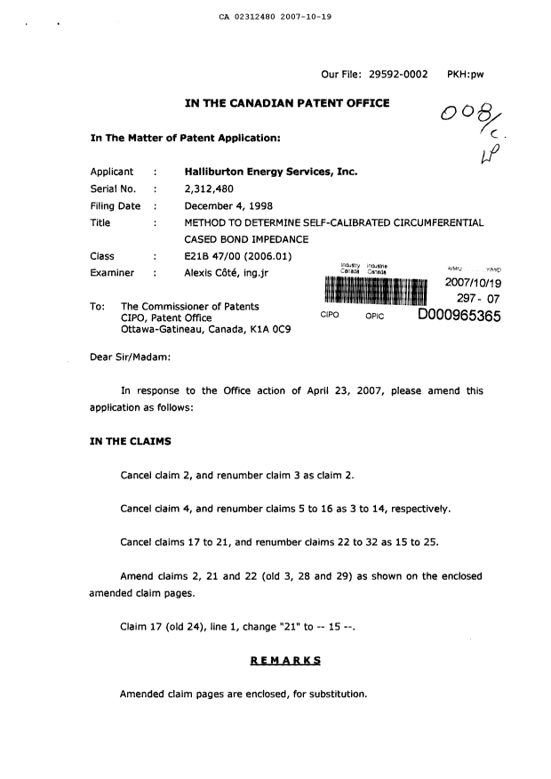Canadian Patent Document 2312480. Prosecution-Amendment 20071019. Image 1 of 13