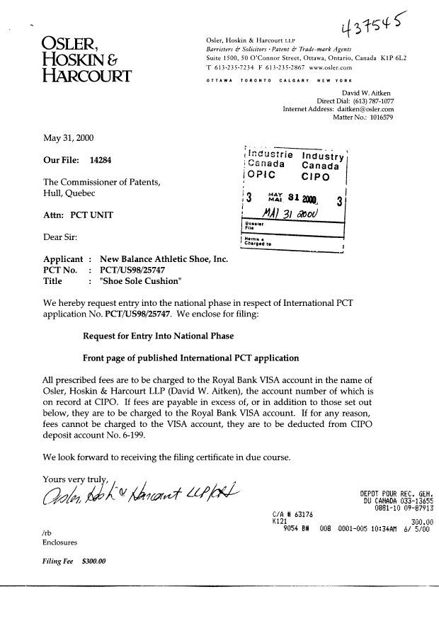 Canadian Patent Document 2312485. Assignment 20000531. Image 1 of 2
