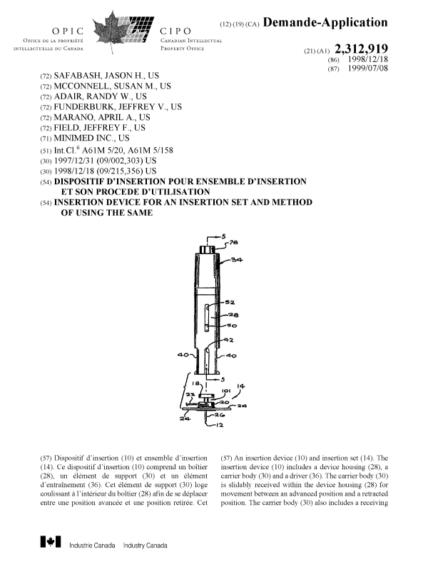 Document de brevet canadien 2312919. Page couverture 20000824. Image 1 de 2