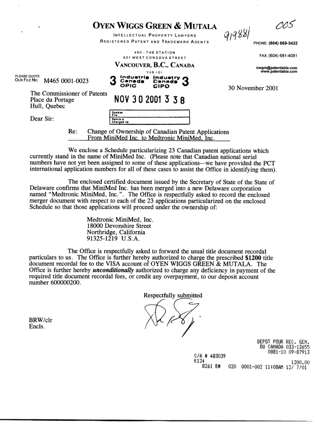 Document de brevet canadien 2312919. Cession 20011130. Image 1 de 6