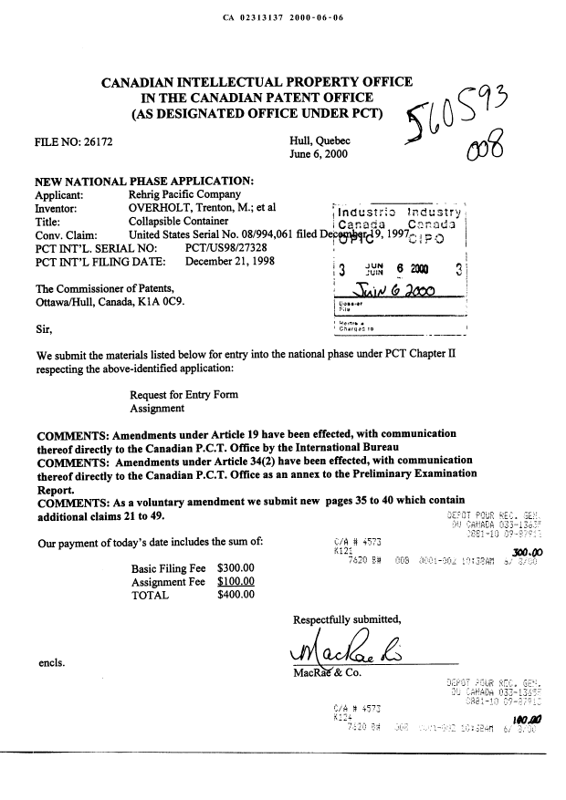 Canadian Patent Document 2313137. Prosecution-Amendment 20000606. Image 1 of 7