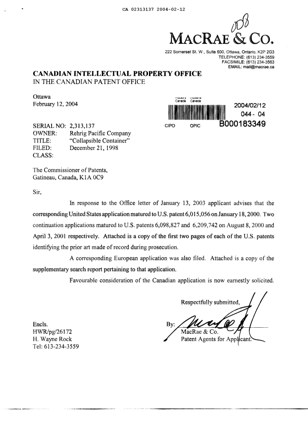 Canadian Patent Document 2313137. Prosecution-Amendment 20040212. Image 1 of 1
