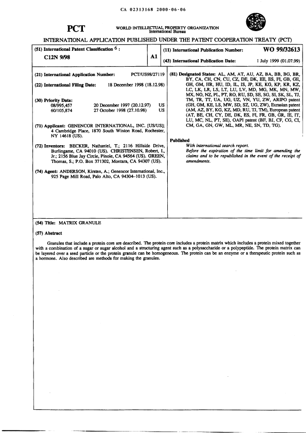Document de brevet canadien 2313168. Abrégé 20000606. Image 1 de 1